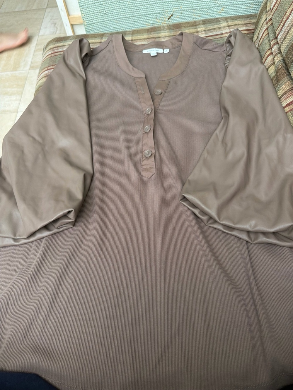 Chico's Taupe Brown Button-Placket Blouse with Puff Satin Sleeves